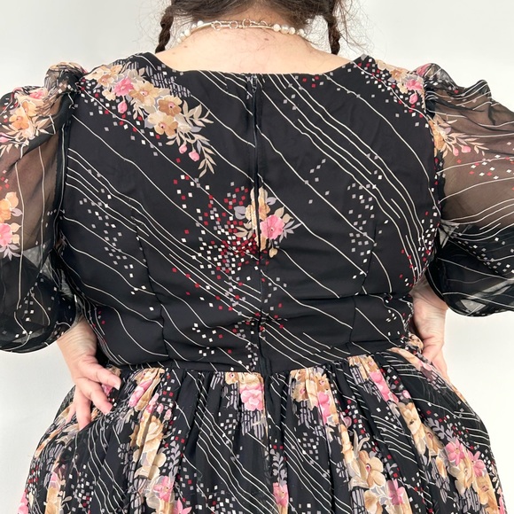 Vintage 70s Early 80s Handmade Black Chiffon Country Deco Floral Plus Size Dress - Picture 4 of 6